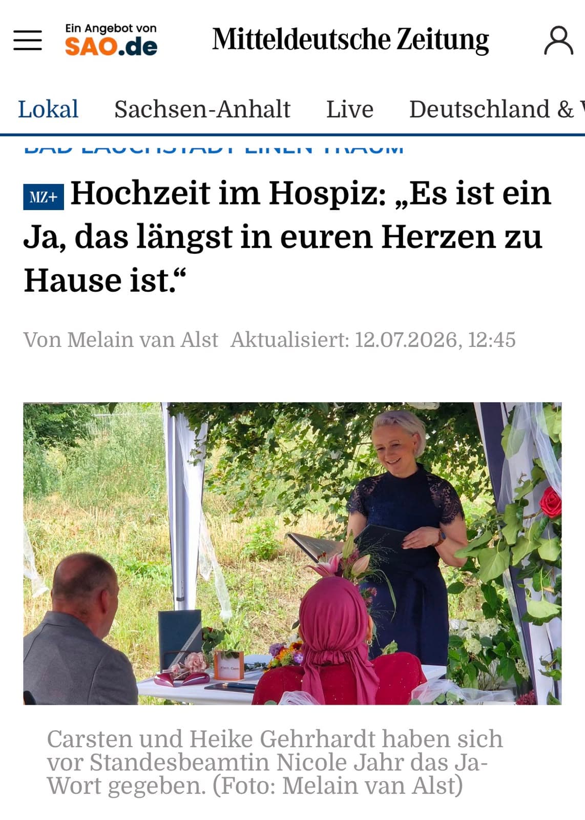 Mitteldeutsche Zeitung – Hochzeit im Hospiz